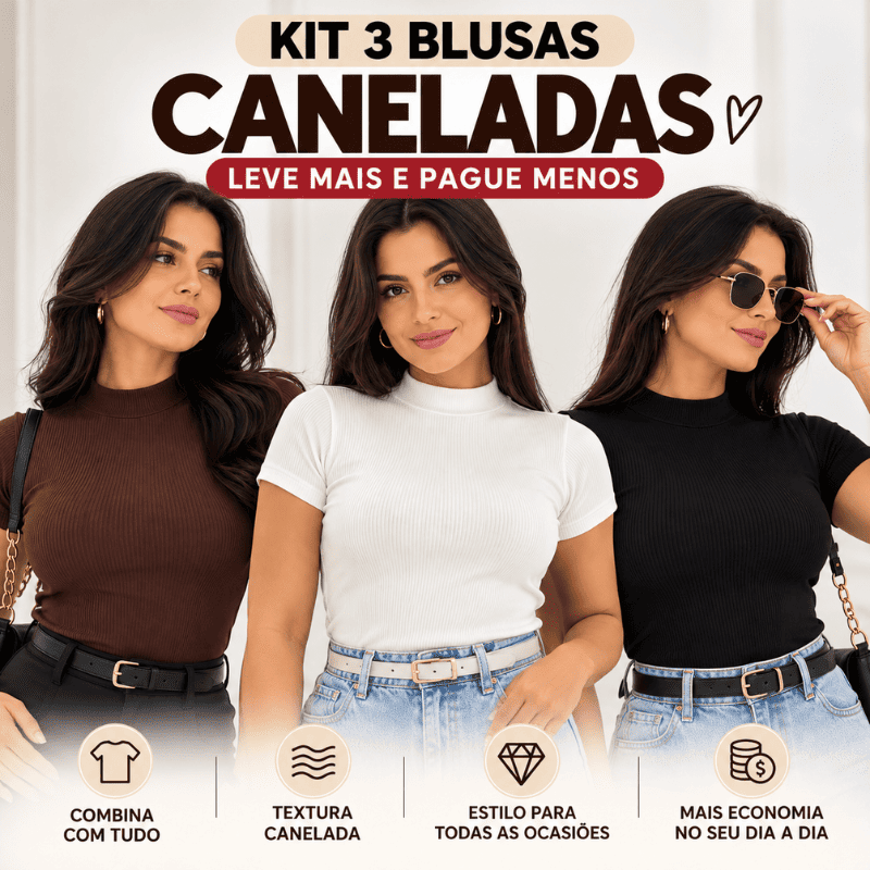 Kit 3 Blusas Femininas Caneladas - Leve Mais e Pague Menos